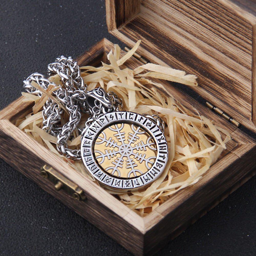 Helm of Awe and Vegvisir Compass Rotating Gold and Steel Talisman Medallion Necklace-5