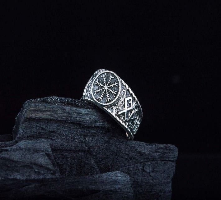 Helm of Awe Symbol with Hail Odin Sterling Silver Viking Ring-1