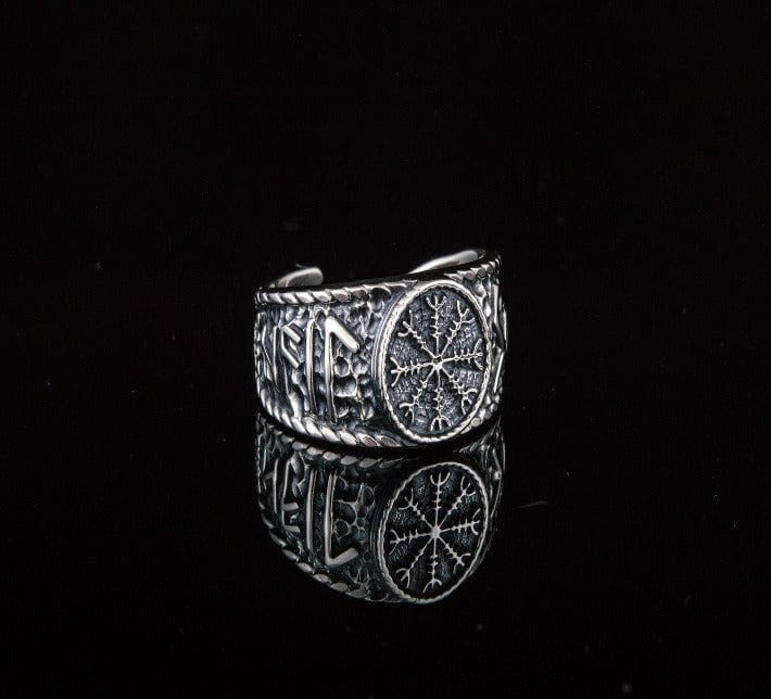 Helm of Awe Symbol with Hail Odin Sterling Silver Viking Ring-2