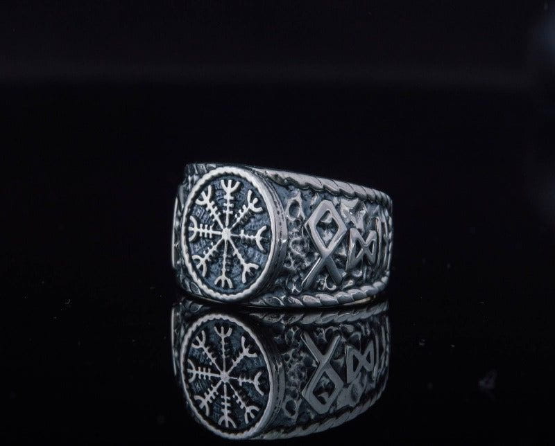 Helm of Awe Symbol with Hail Odin Sterling Silver Viking Ring-3