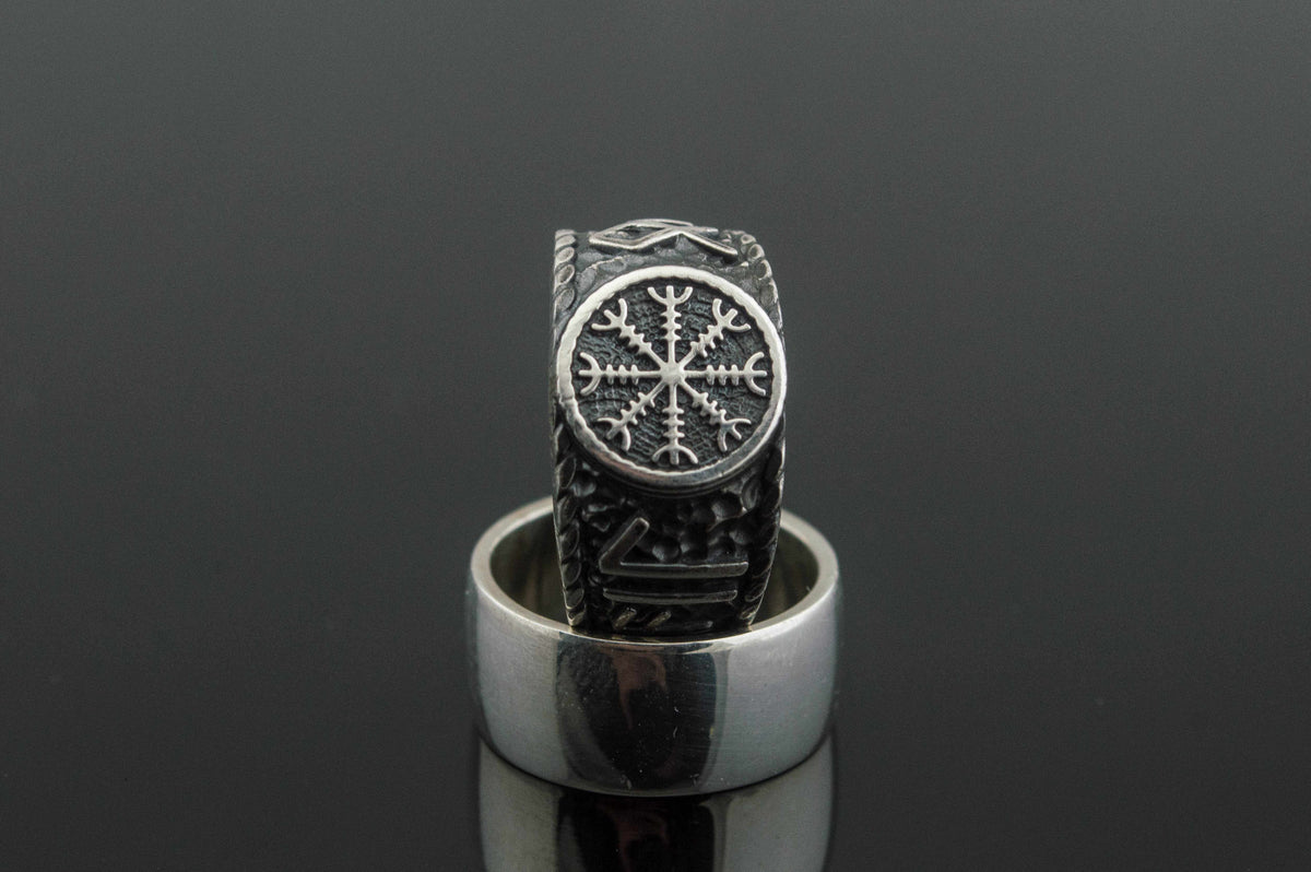 Helm of Awe Symbol with Hail Odin Sterling Silver Viking Ring-5