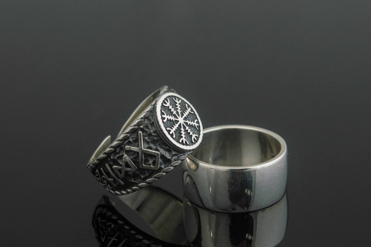 Helm of Awe Symbol with Hail Odin Sterling Silver Viking Ring-6