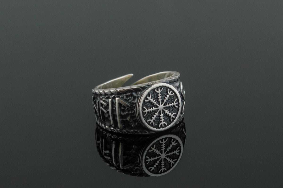 Helm of Awe Symbol with Hail Odin Sterling Silver Viking Ring-7