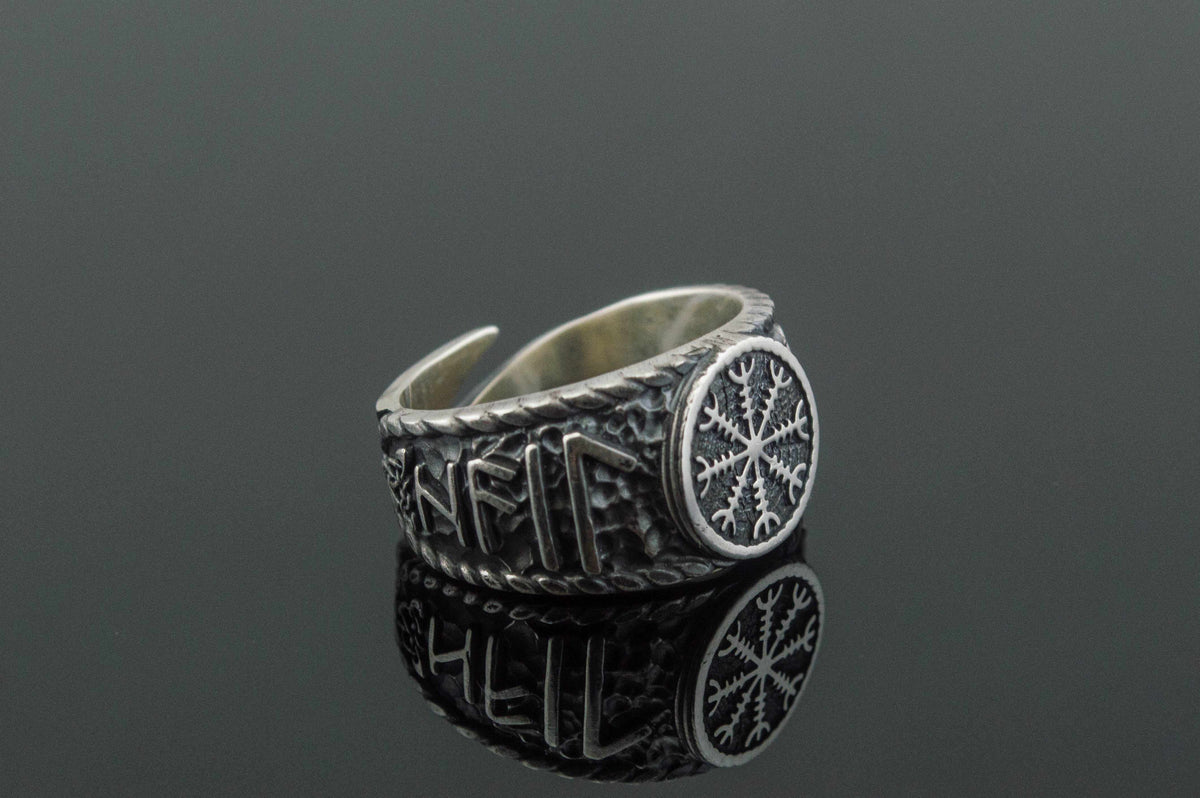 Helm of Awe Symbol with Hail Odin Sterling Silver Viking Ring-8