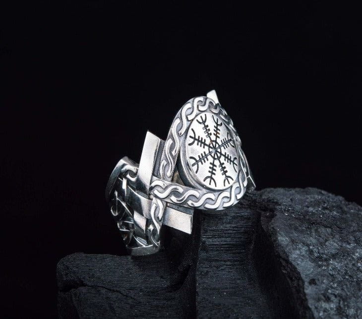 Helm of Awe Symbol with Norse Ornament Ring Sterling SIlver Viking Jewelry-1