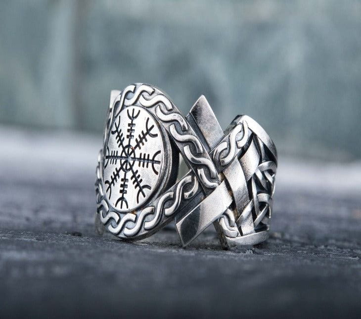 Helm of Awe Symbol with Norse Ornament Ring Sterling SIlver Viking Jewelry-2