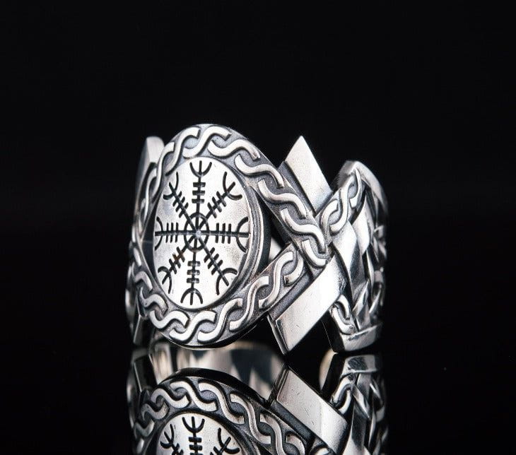 Helm of Awe Symbol with Norse Ornament Ring Sterling SIlver Viking Jewelry-3