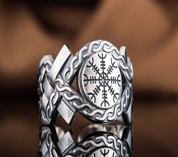 Helm of Awe Symbol with Norse Ornament Ring Sterling SIlver Viking Jewelry-4