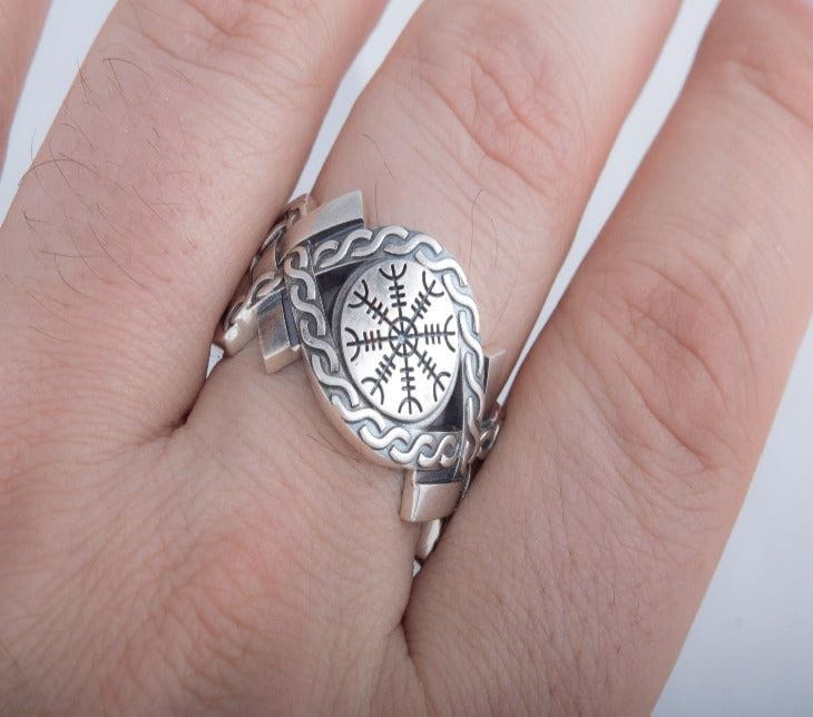 Helm of Awe Symbol with Norse Ornament Ring Sterling SIlver Viking Jewelry-7