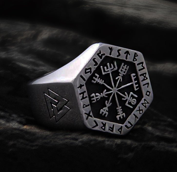 Hexagon Steel Viking Compass Vegvisir Ring-1