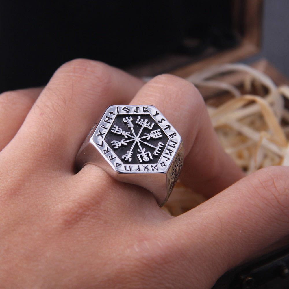 Hexagon Steel Viking Compass Vegvisir Ring-3