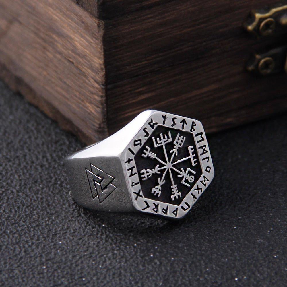 Hexagon Steel Viking Compass Vegvisir Ring-4