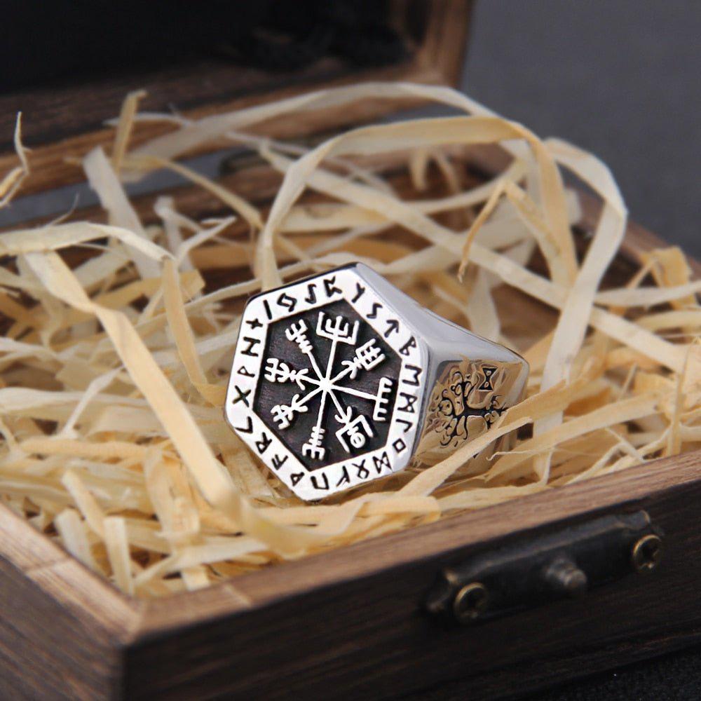 Hexagon Steel Viking Compass Vegvisir Ring-5