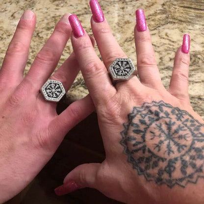 Hexagon Steel Viking Compass Vegvisir Ring-6