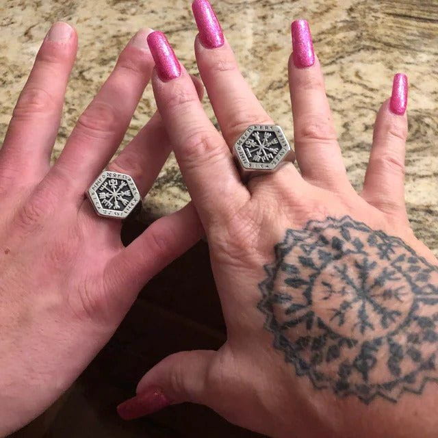Hexagon Steel Viking Compass Vegvisir Ring-6