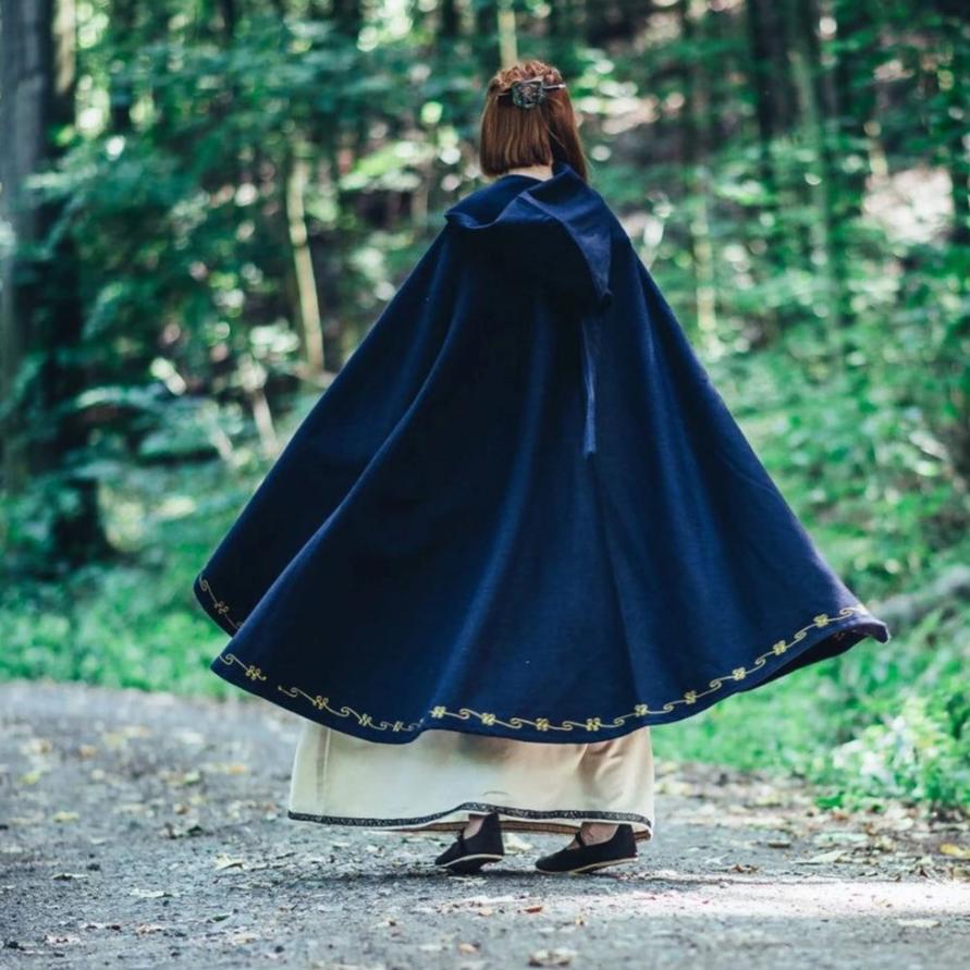 Blue Hooded Viking Cloak | Hand-Embroidered Wool Blend