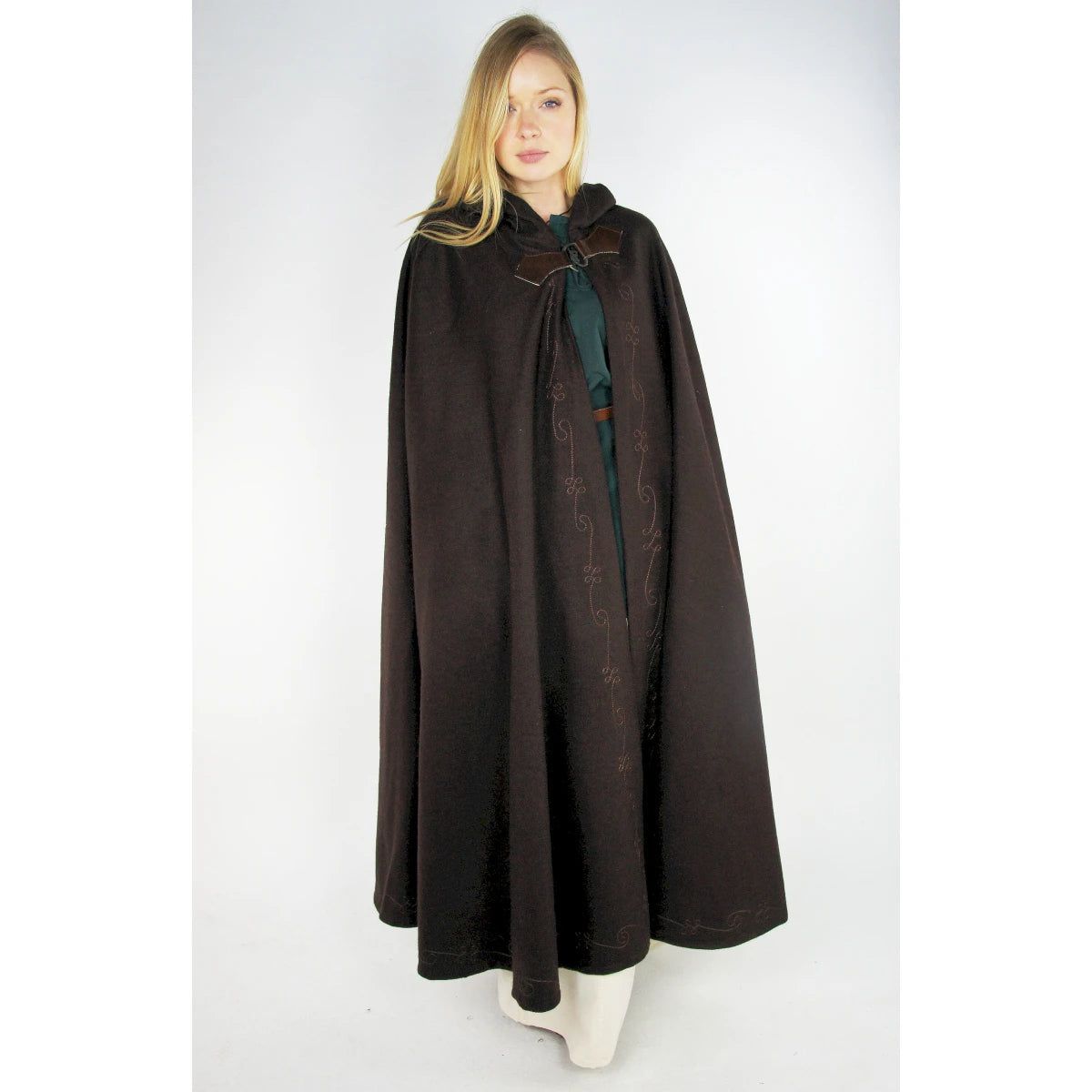 Brown Hooded Viking Cloak With Embroidery