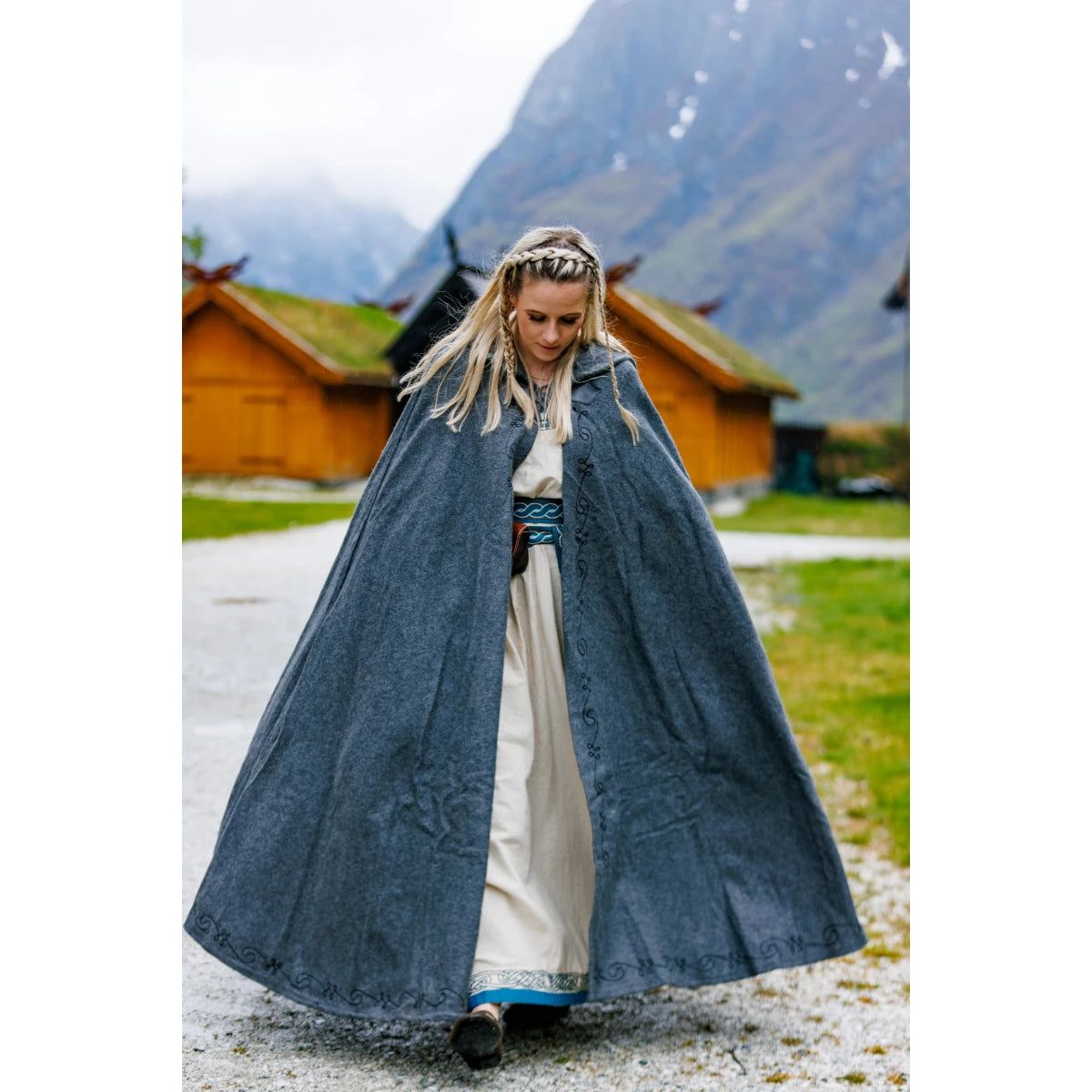 Grey Hooded Viking Cloak With Embroidery