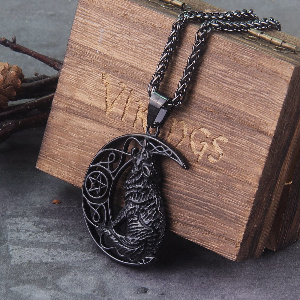 Howling Wolf and Moon Amulet Viking Knotwork Necklace Pendant from Viking Warrior Co.