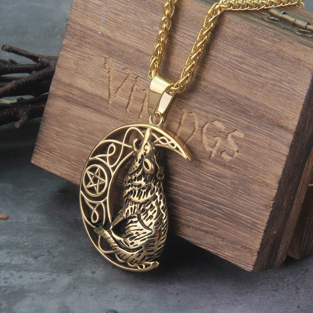 Howling Wolf and Moon Amulet Viking Knotwork Necklace Pendant from Viking Warrior Co.