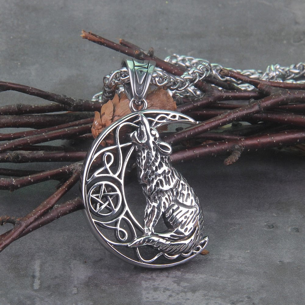 Howling Wolf and Moon Amulet Viking Knotwork Necklace Pendant from Viking Warrior Co.
