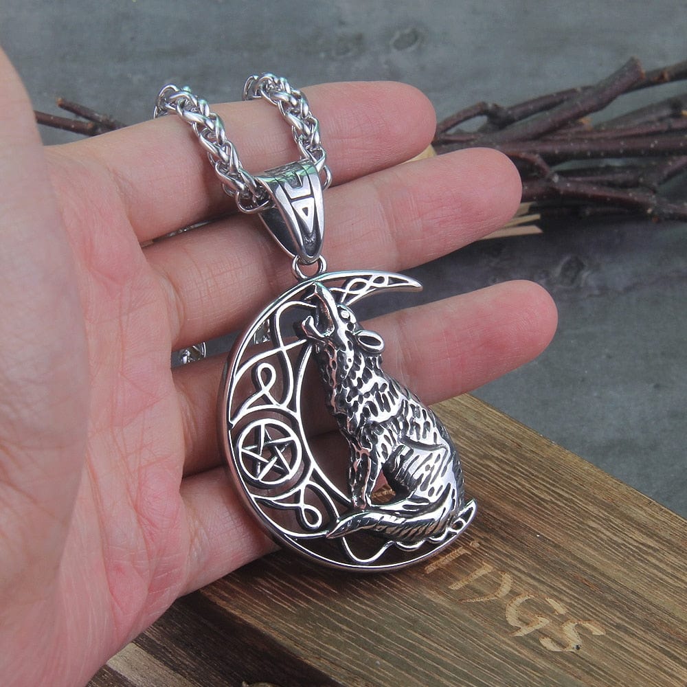 Howling Wolf and Moon Amulet Viking Knotwork Necklace Pendant from Viking Warrior Co.