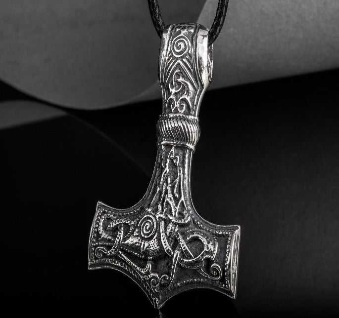 Huge Thor's Hammer Pendant Sterling Silver Mjolnir with Ornaments from Mammen Village-1