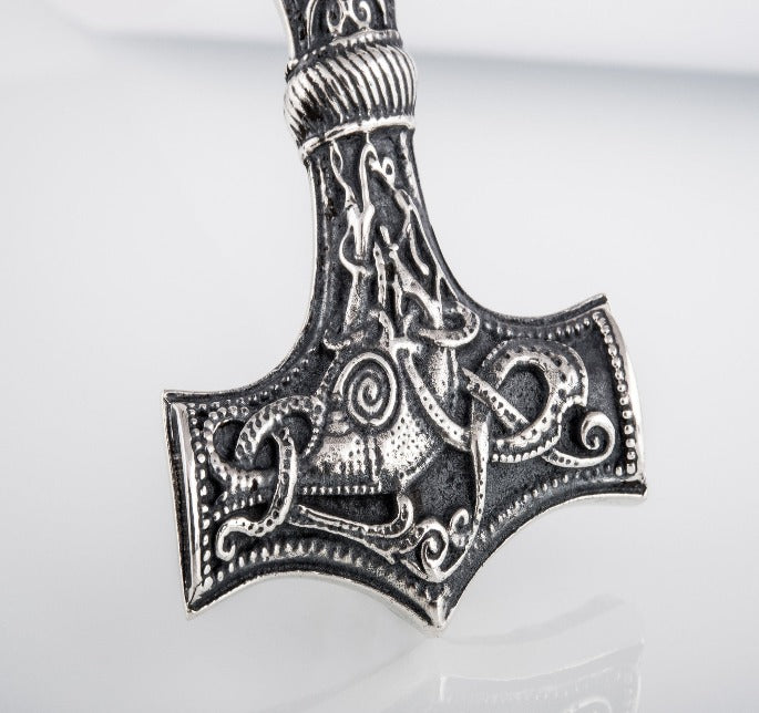 Huge Thor&#39;s Hammer Pendant Sterling Silver Mjolnir with Ornaments from Mammen Village-2