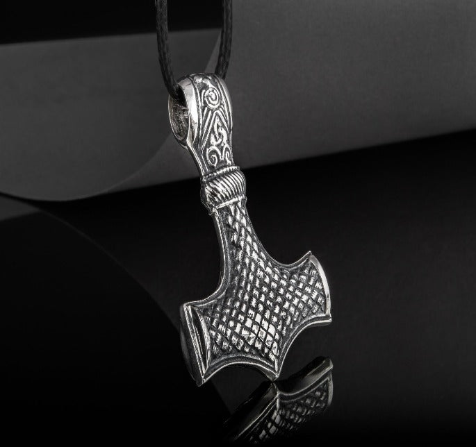 Huge Thor&#39;s Hammer Pendant Sterling Silver Mjolnir with Ornaments from Mammen Village-3