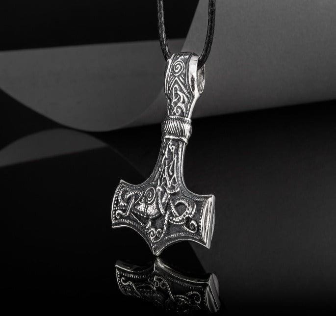 Huge Thor&#39;s Hammer Pendant Sterling Silver Mjolnir with Ornaments from Mammen Village-4