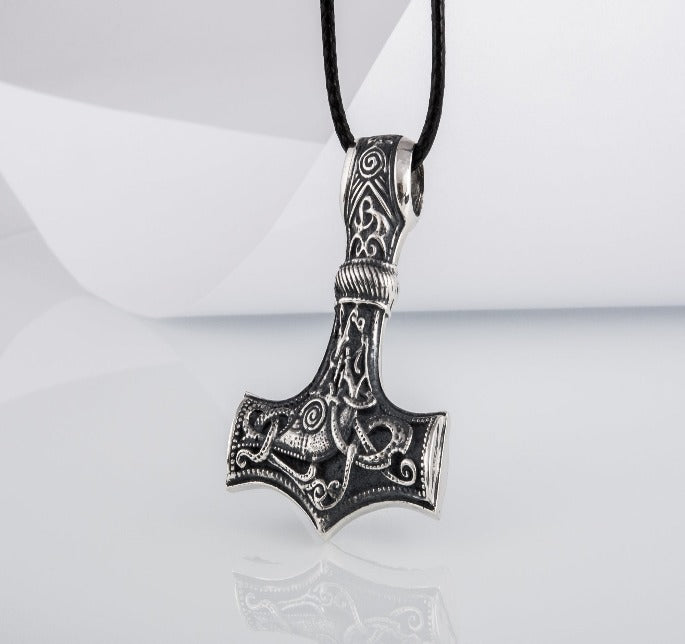 Huge Thor&#39;s Hammer Pendant Sterling Silver Mjolnir with Ornaments from Mammen Village-5