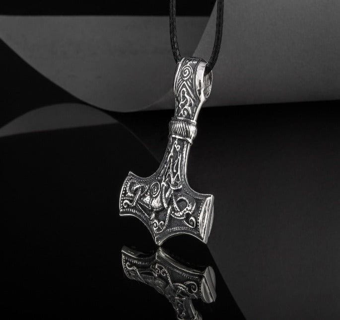 Huge Thor&#39;s Hammer Pendant Sterling Silver Mjolnir with Ornaments from Mammen Village-6