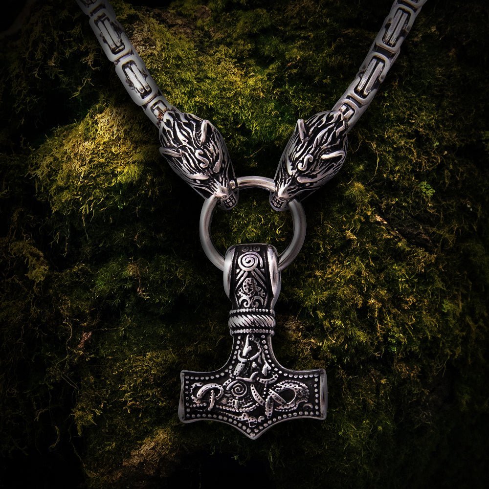 Heavy Knotwork Norse Thor&#39;s Hammer Square Link Geri Freki King&#39;s Chain