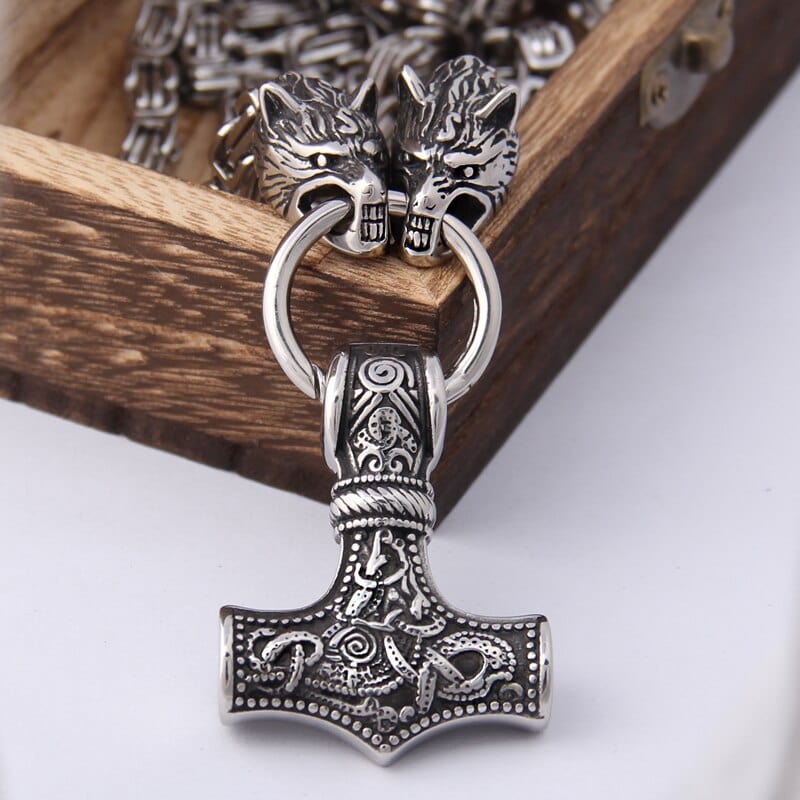 Heavy Knotwork Norse Thor&#39;s Hammer Square Link Geri Freki King&#39;s Chain