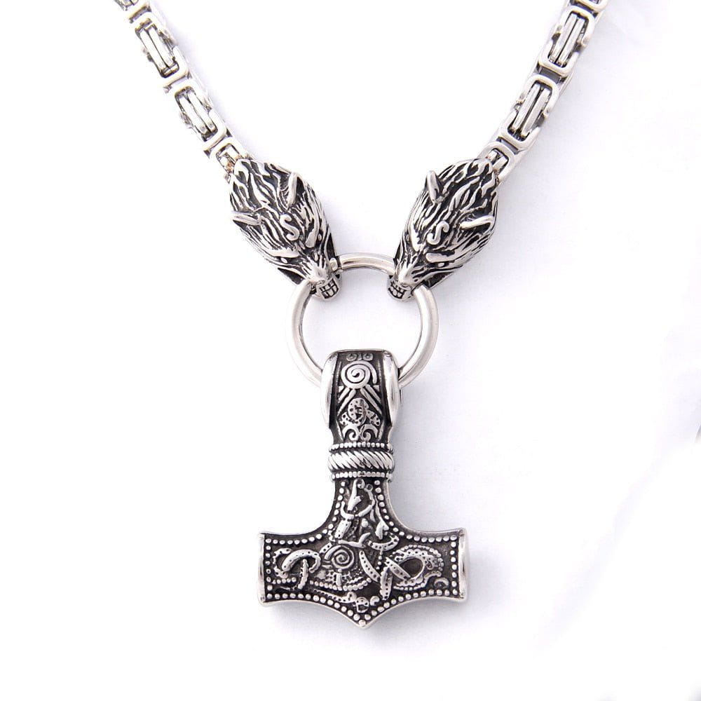 Heavy Knotwork Norse Thor&#39;s Hammer Square Link Geri Freki King&#39;s Chain