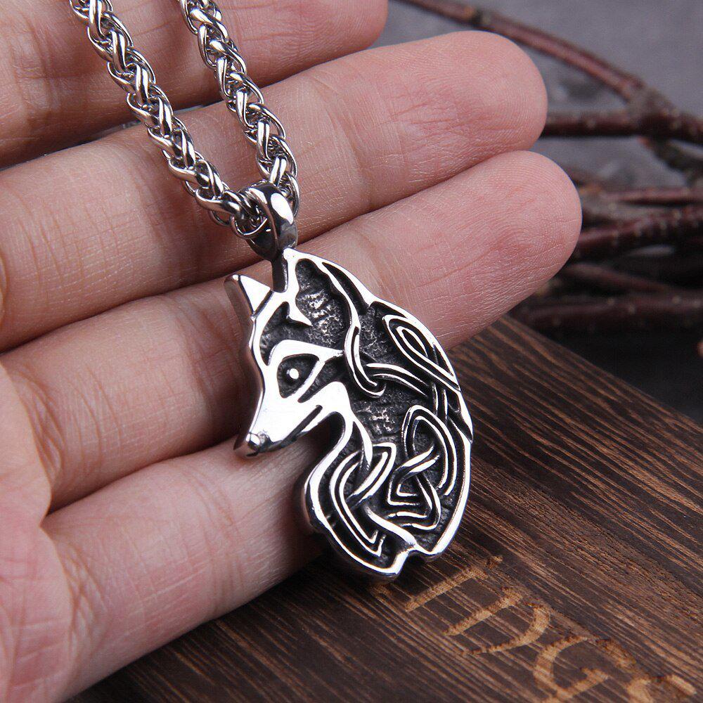 Knotwork Viking Fox Totem Steel Necklace-5