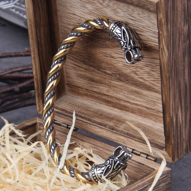 Knotwork Wolves or Ragnarok Geri and Freki Torc Bracelet - In Twisted Gold and Steel