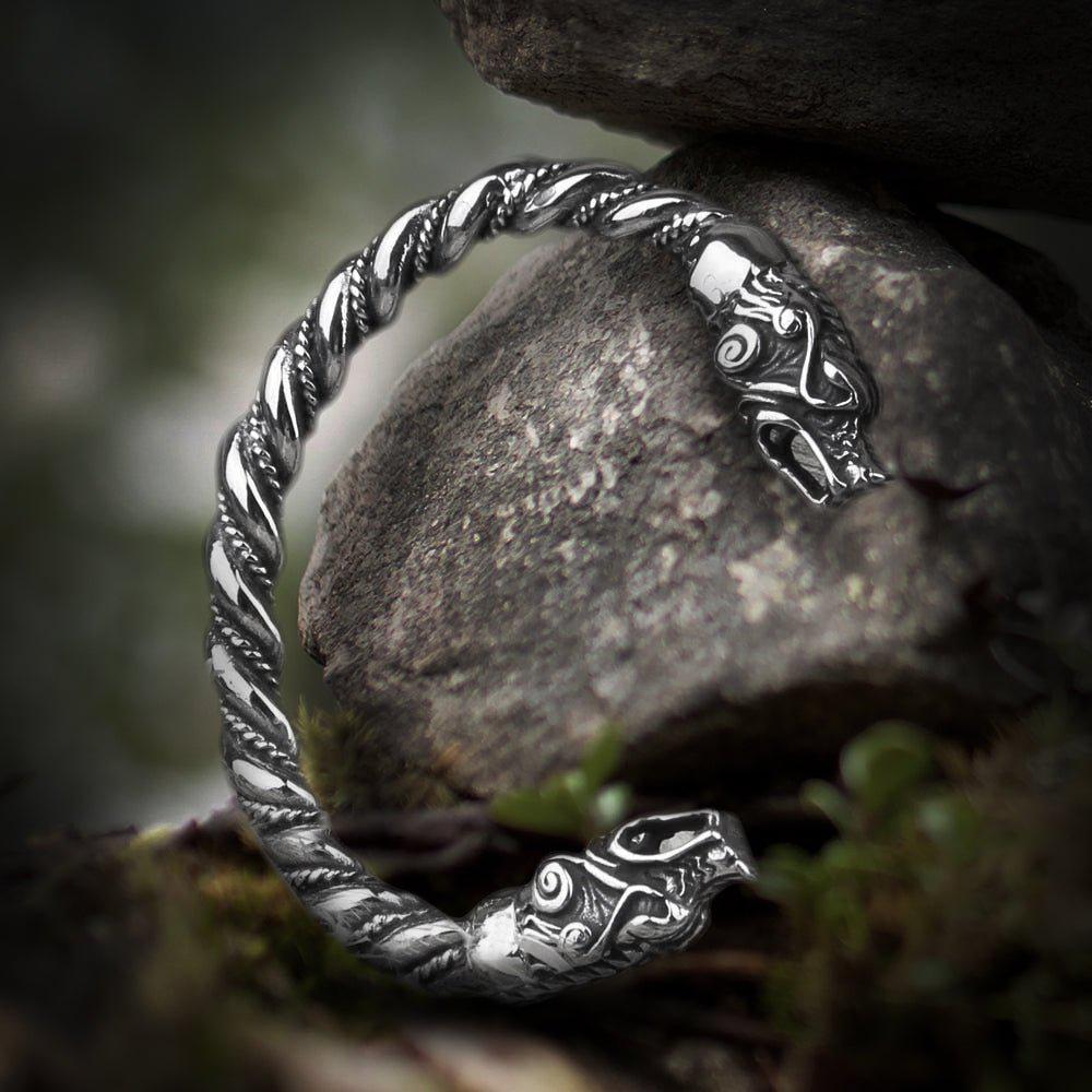 Knotwork Wolves or Ragnarok Geri and Freki Torc Bracelet - In Twisted Ribbed Steel