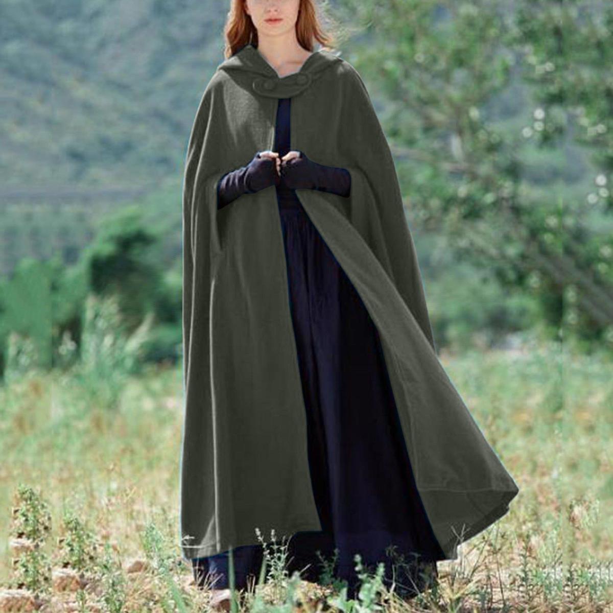 Green Long Winter Button-Closure Cloak