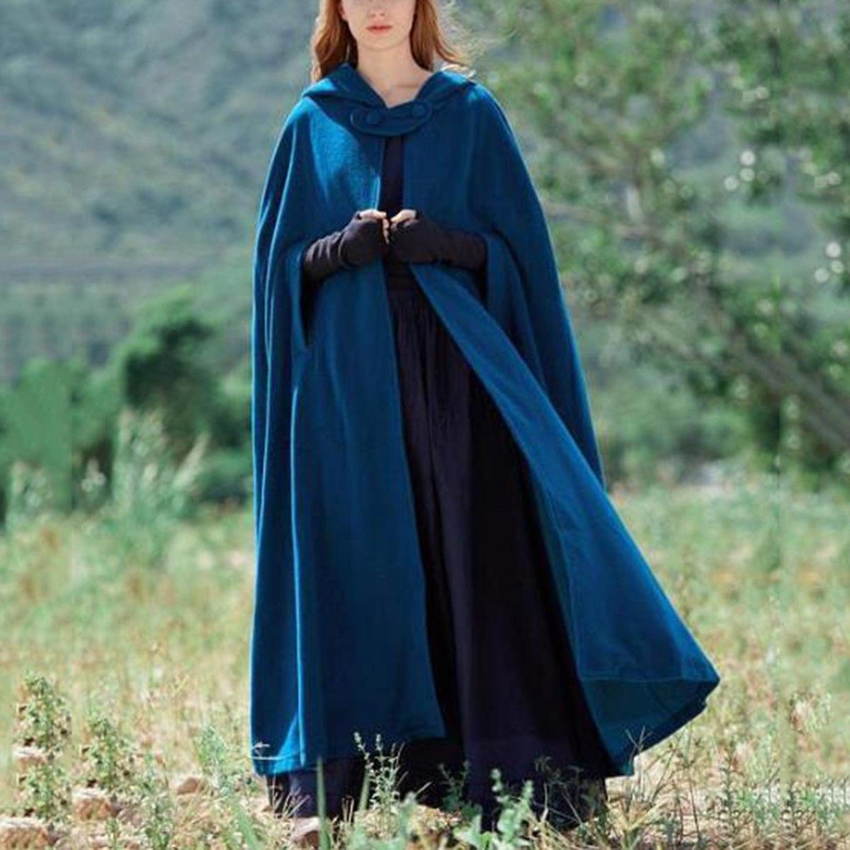  Blue Long Winter Button-Closure Cloak
