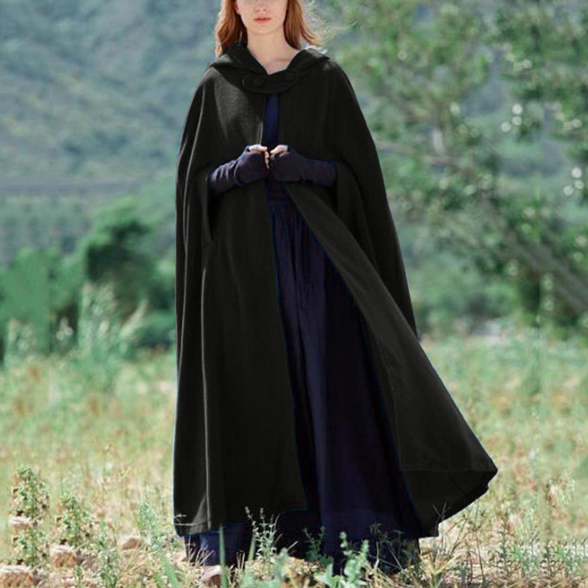 Black Long Winter Button-Closure Cloak