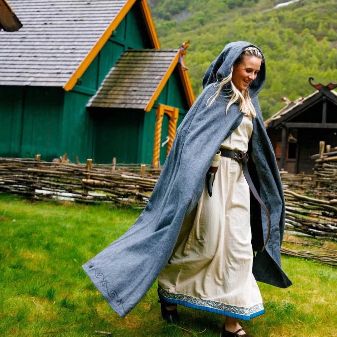 Long Wool Viking Cloak With Hand Stitched Embroidery