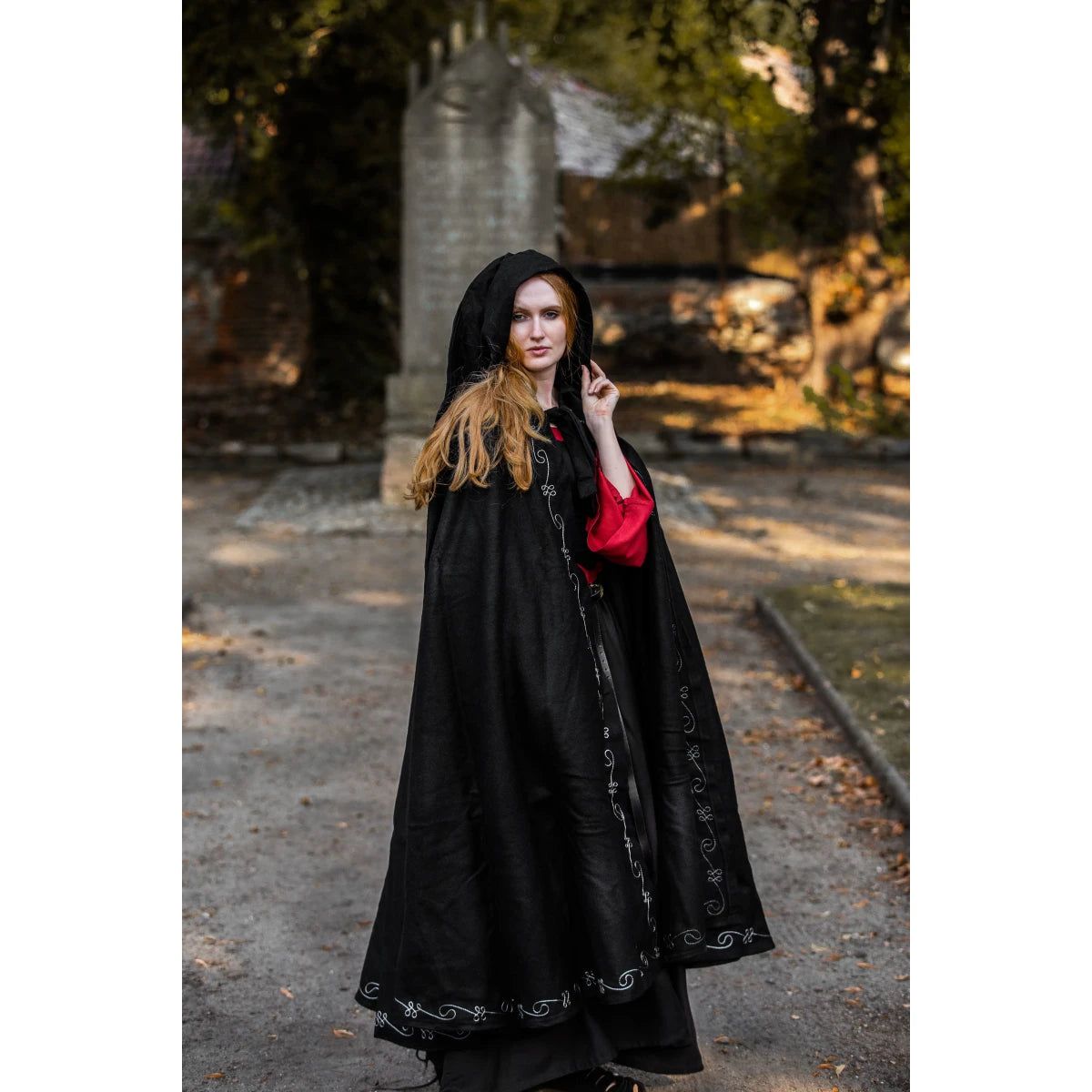 Black Long Wool Viking Cloak With Hand Stitched Embroidery