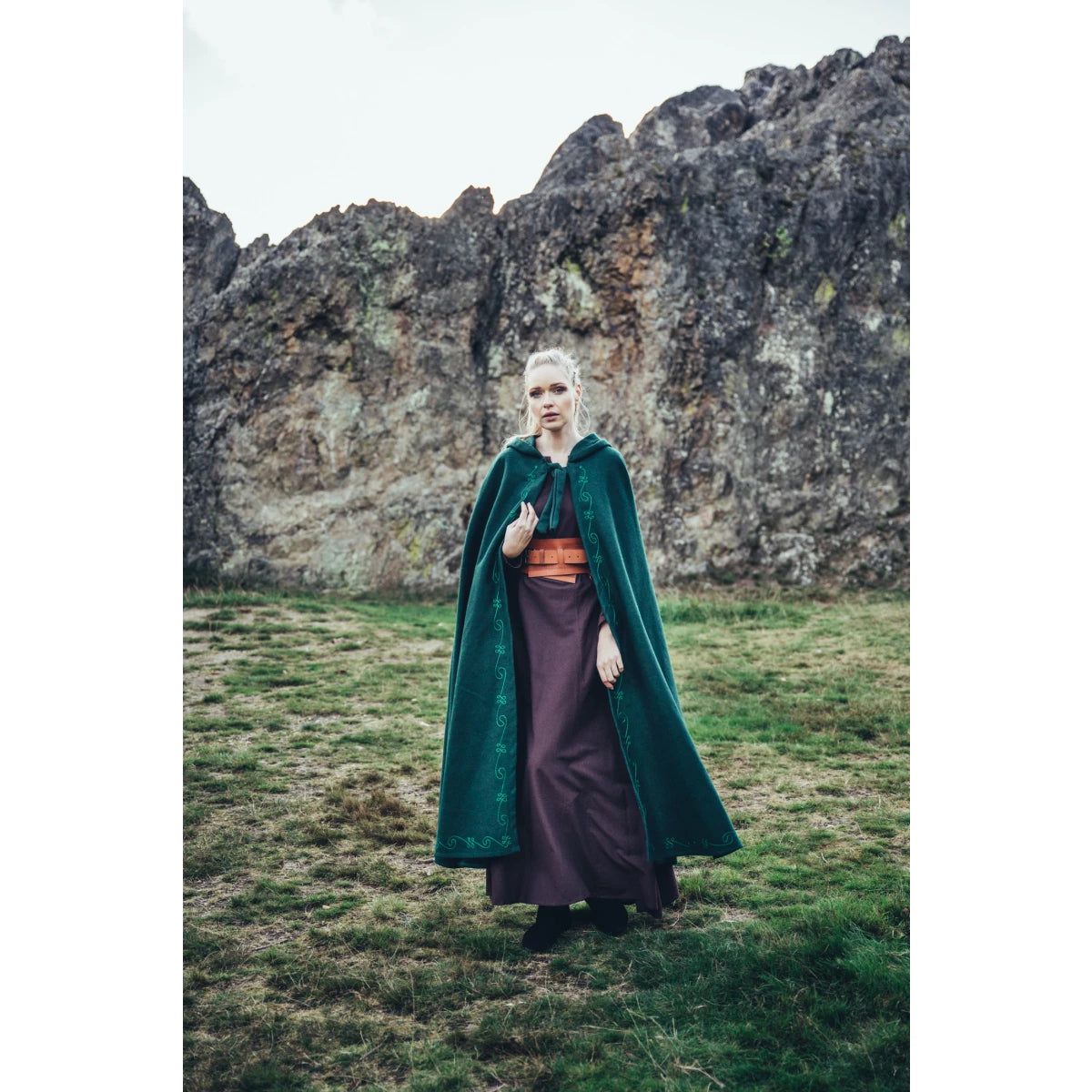 Green Long Wool Viking Cloak With Hand Stitched Embroidery