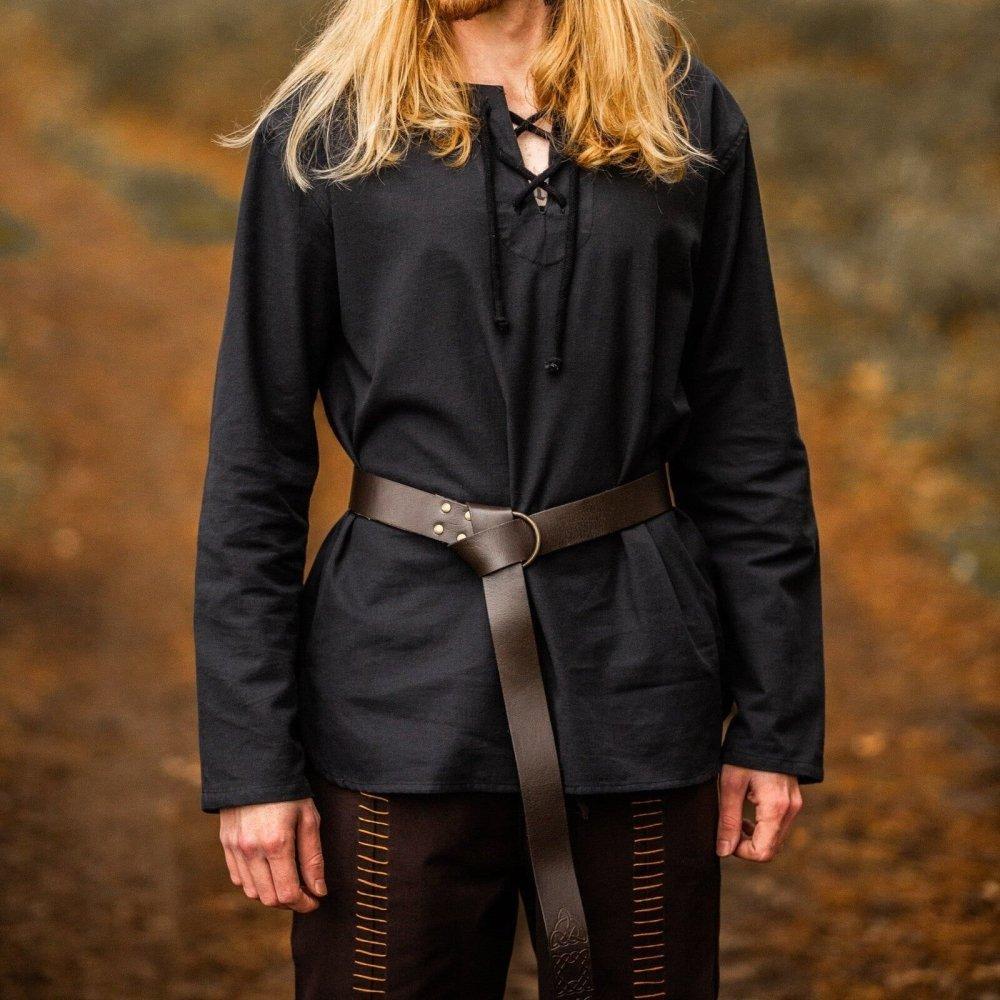 Black Cotton Viking Tunic | Long Sleeves, Lace-Up Collar-2-Viking Warrior
