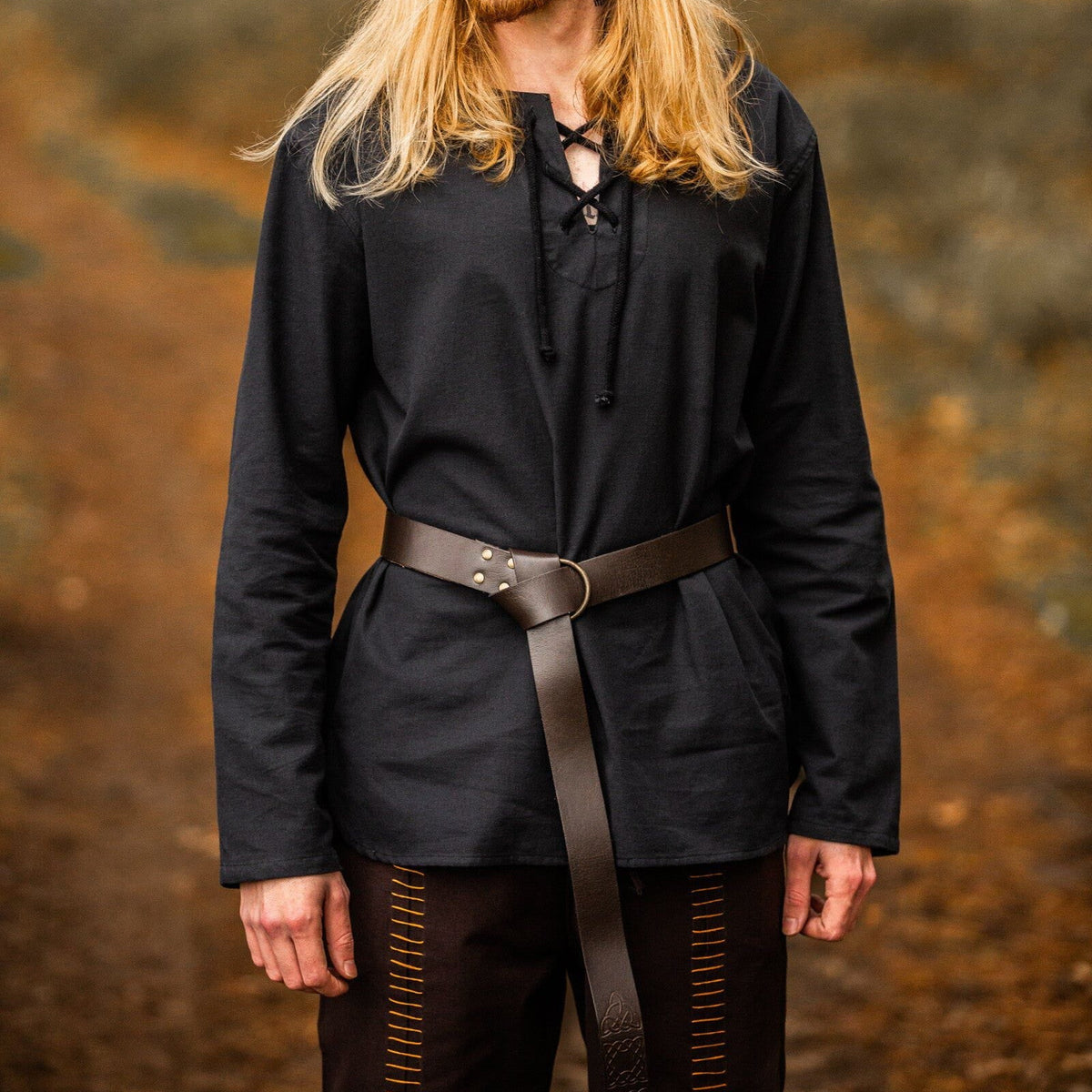 Black Cotton Viking Tunic | Long Sleeves, Lace-Up Collar