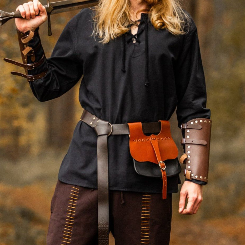 Black Cotton Viking Tunic | Long Sleeves, Lace-Up Collar