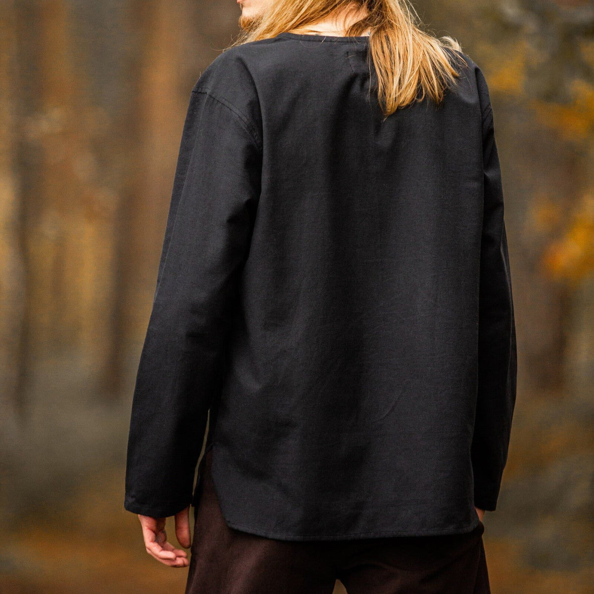 Black Cotton Viking Tunic | Long Sleeves, Lace-Up Collar