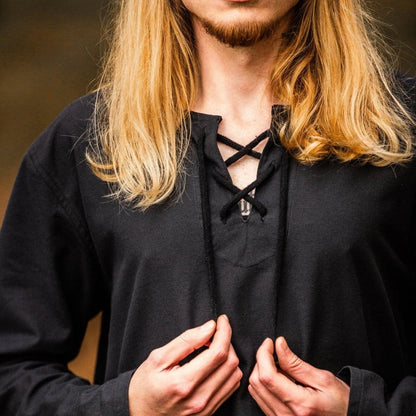 Black Cotton Viking Tunic | Long Sleeves, Lace-Up Collar-3-Viking Warrior