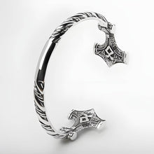 Silver Mjolnir Rune Hammer Open Cuff Viking Bracelet with intricate Norse patterns and twin hammerhead ends.
